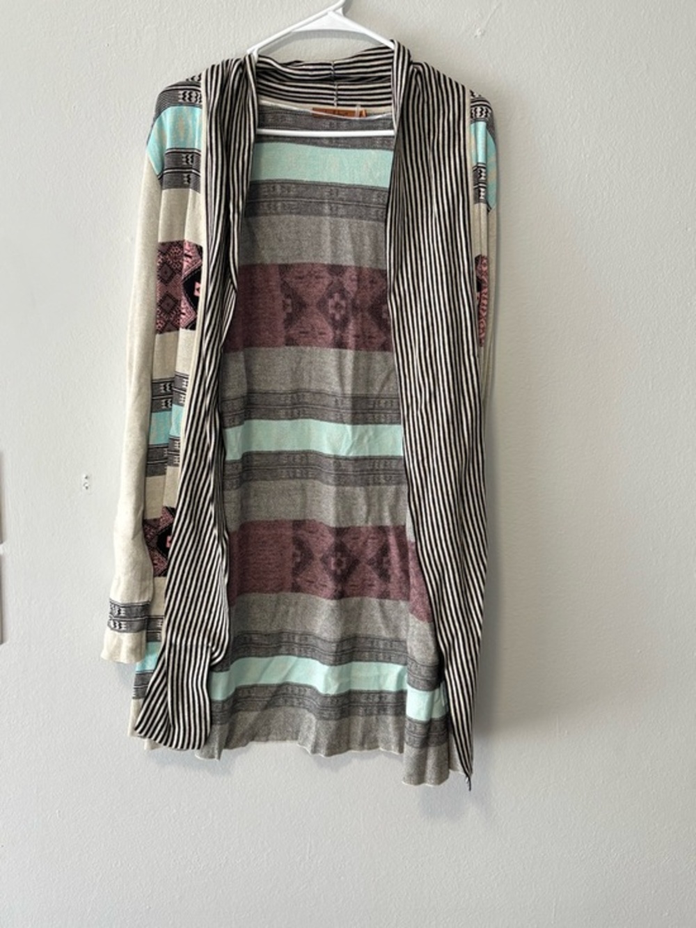 Belldini Striped Aztec Open-Front Cardigan in Mint, Mauve, Cream, Black